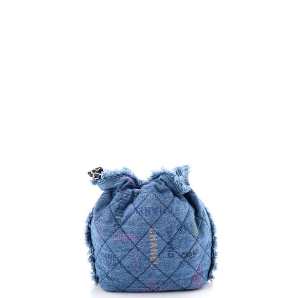 Chanel Medium Denim Mood Chain Bucket Bag Logo Printed Quilted Fringe Denim - Picture 3 of 5